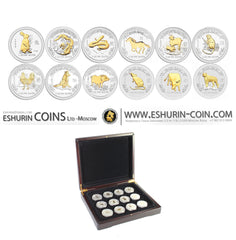 Australia 1999 -2010 1 Dollar Lunar Year - gold plated Silver 1Oz 31.1g coin set  Австралия 1999 -2010  1 доллар  Лунар позолота серебро  31.1г набор монет 