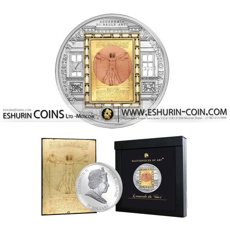 Cook Islands 2010 20 Dollars Masterpieces of Art Vitruvian Man  silver 93.3g gold 7.09g coin